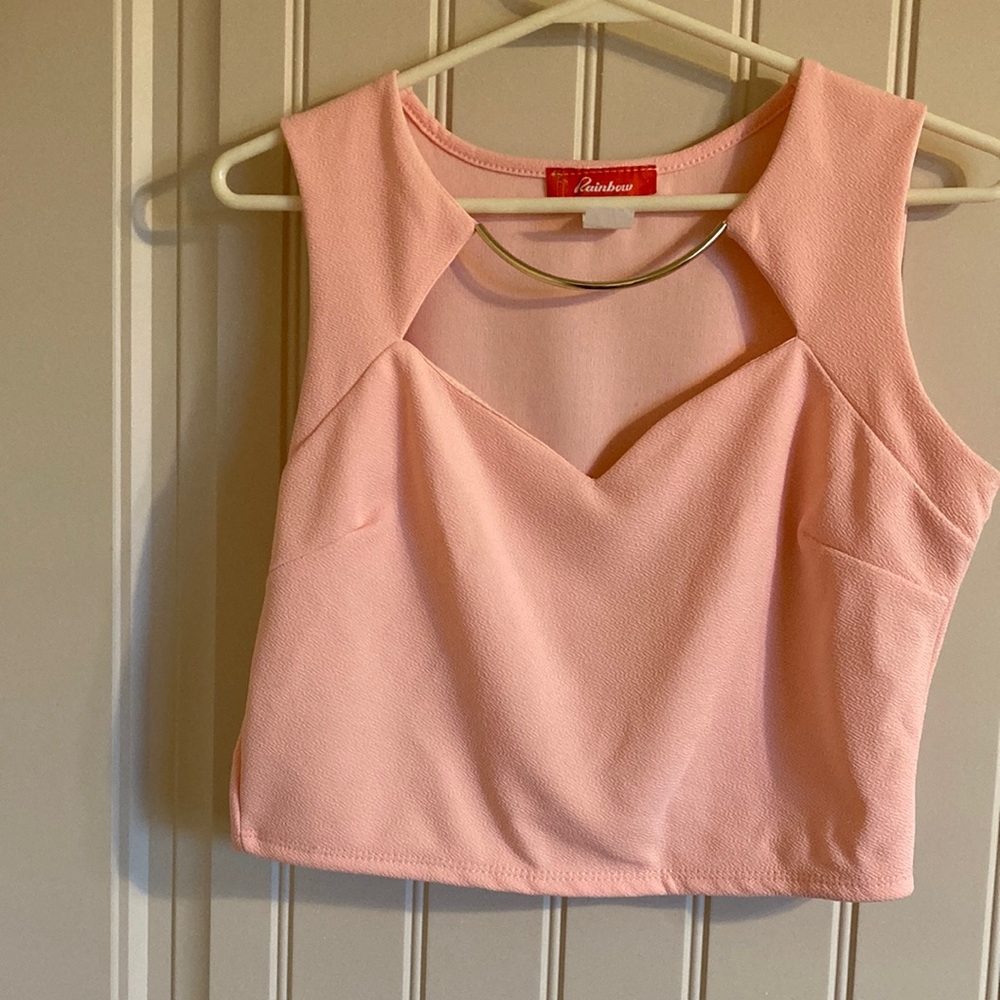 Rainbow Womens Sz L Pink Dressy Crop Top V Neck Gold Tone Bangle Accent Neckline